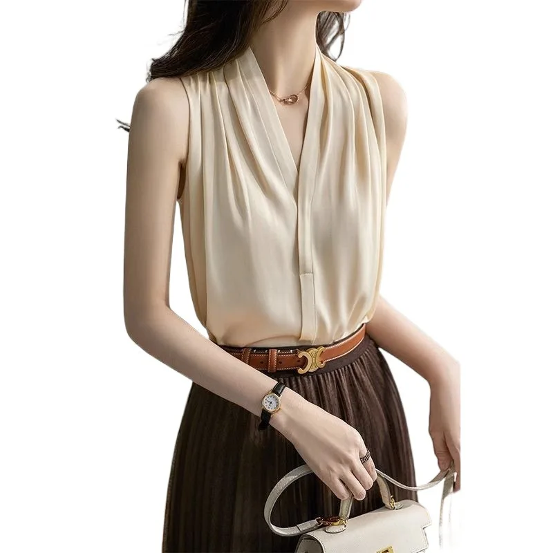 Boweylun Hanging Neck Camisole Tank Women Simple Loose Draped V-Neck Sleeveless Shirt