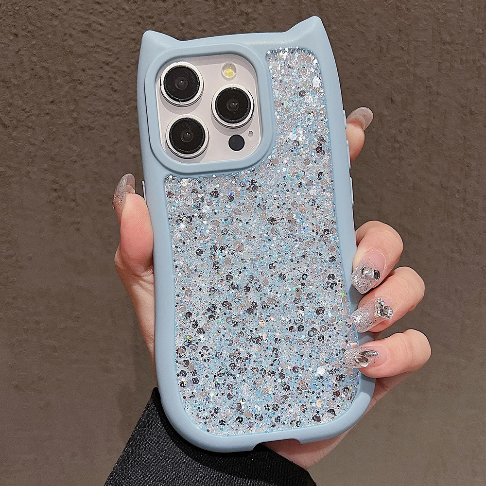 

Luxury Cute Cat Bling Glitter Phone Case For iPhone 16 15 14 13 12 11 Pro Max Plus Ultra-thin Silicone Cover
