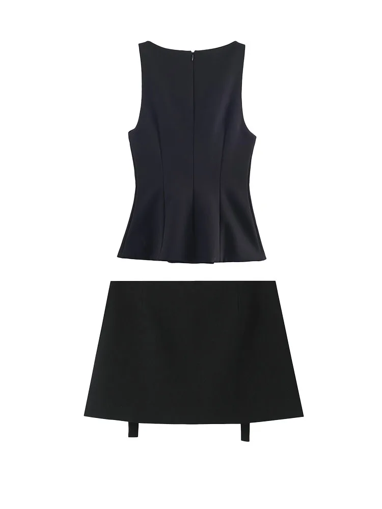 HH Woman Fashion Winter Button Decoration Sleeveless Zipper Short Tops Bow Culottes Female Slim Fit Street Style Two Piece Set