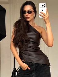 Trendix Women One Shoulder PU Top 2025 New Slant Collar Fashion Slim T-shirts For Femme Street Vintage Side Zipper Leather Tops