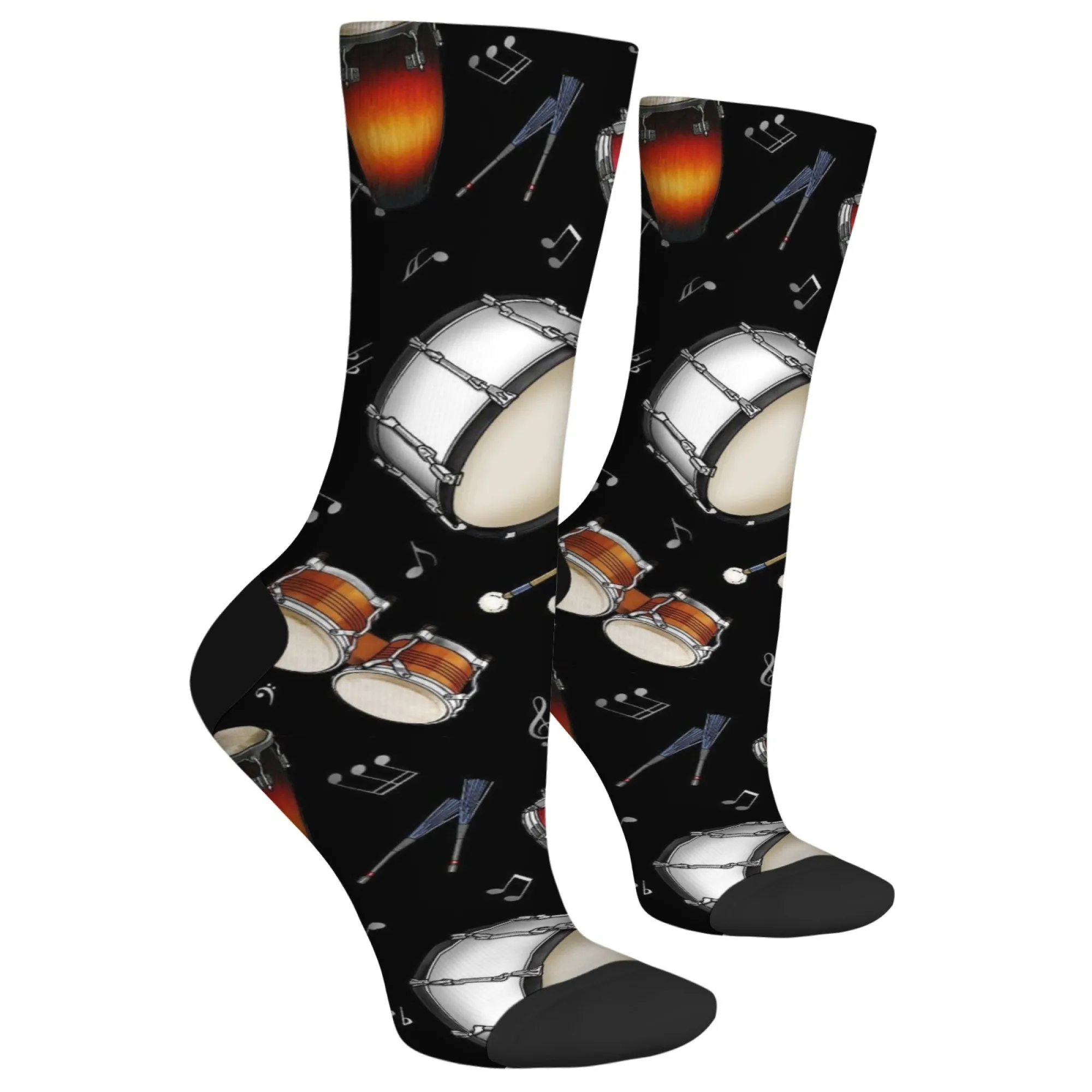 1 Pair Unisex Hip-Hop Style Novelty Socks Black with Vibrant Drum Set Print Funny Socks Novelty Crew Socks Funky Style Socks
