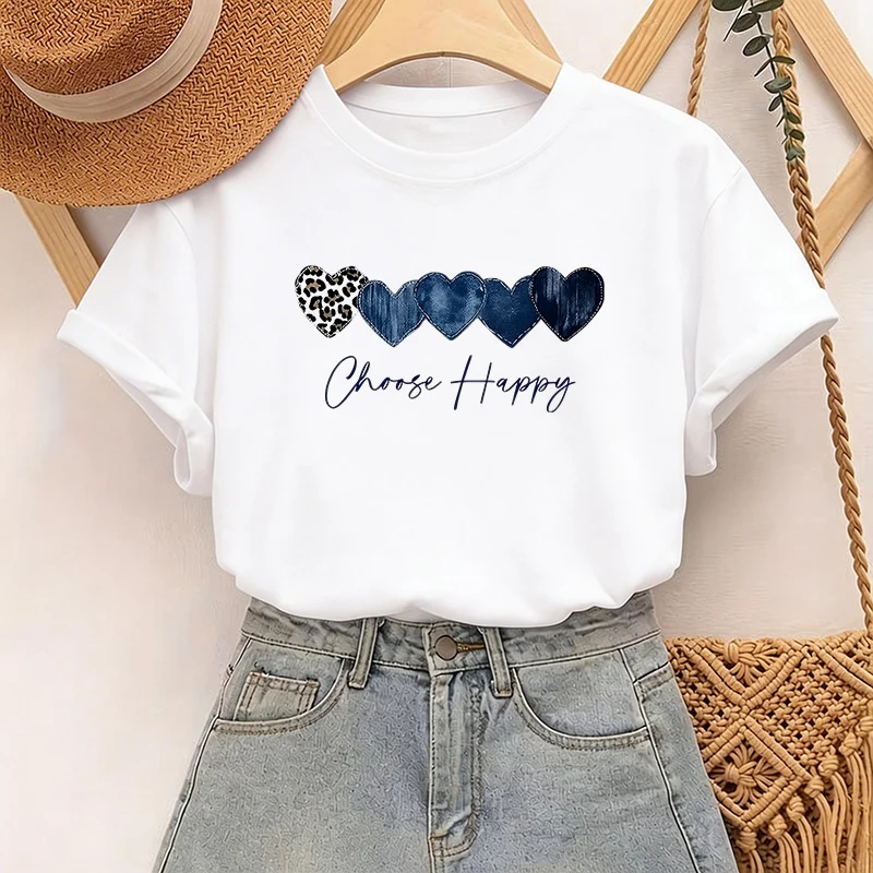 Featuring A Heart Shaped Print Women's T-shirt with Leopard T Shirt for Woman Choose Happy Crew Neck Short Sleeve Tshirt Tops