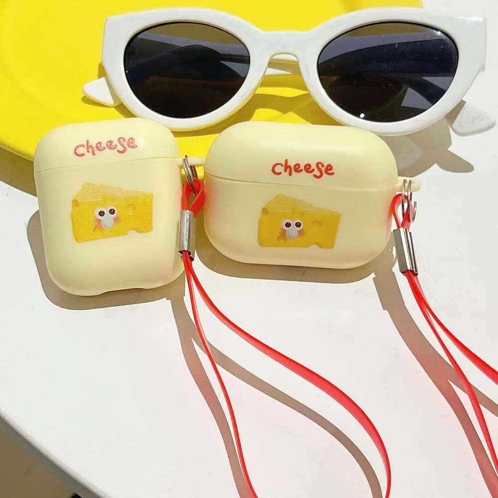 حافظة سماعة رأس بنمط الجبن اللطيفة لأجهزة Apple Airpods Pro 1 2 3 2021 غطاء من البولي يوريثان الناعم غير اللامع مع سوار ملحقات غلاف سماعة الأذن