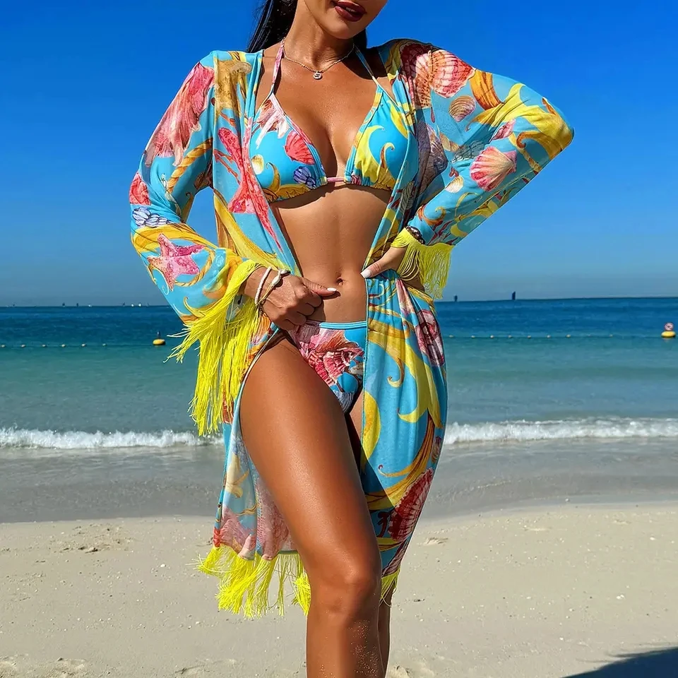 Women's Bikini Swimsuit Beach Sunscreen Tassel Hoodie Set Fashion Sexy Underwear Waist Pattern Large Size Swimsuit 2025 Summer