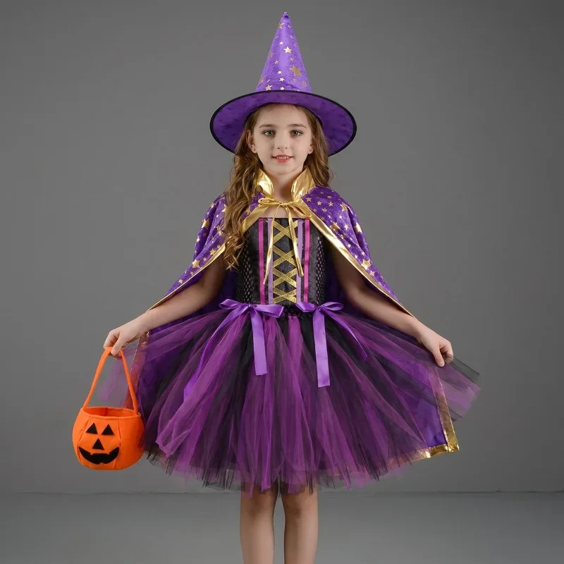 Halloween Cosplay Costume Witch Mesh Dress Cloak Suits Stage Performance Party Role Playing Outfits for 3-8 Years Girls