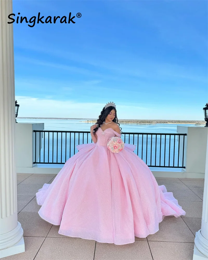 Glitter Pink Sweetheart Quinceanera Dresses 2024 Beads Pearls Rhinestones Mexican Sweet 16 Dress Ball Gown Customized