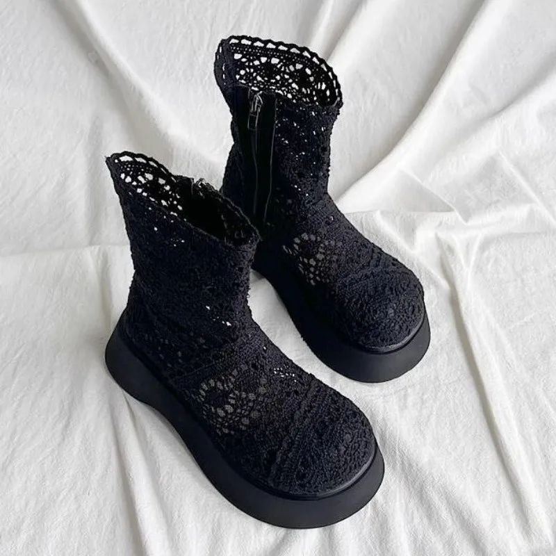 Women Hollow Out Crochet Mesh Ankle Boots Chunky Platform Round Toe Side Zipper Summer Breathable Casual Short Boots Shoes
