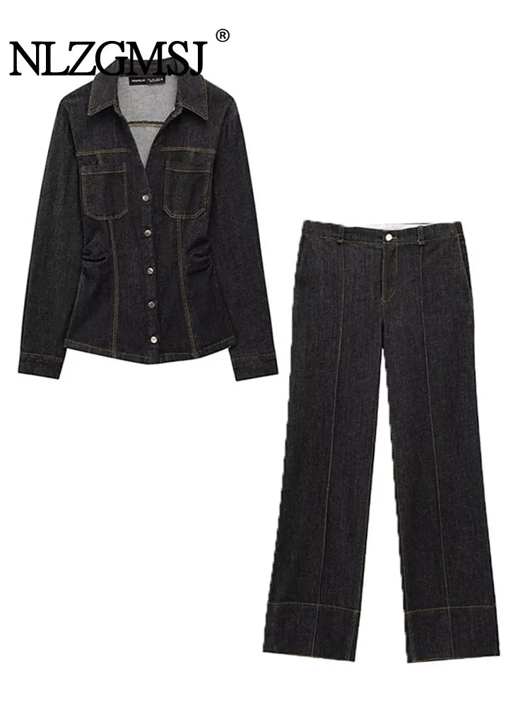 

Повседневный шикарный женский ковбойский костюм NLZGMSJ, облегающая двубортная рубашка, куртки, длинные брюки, модные весенние джинсовые костюмы 2025
