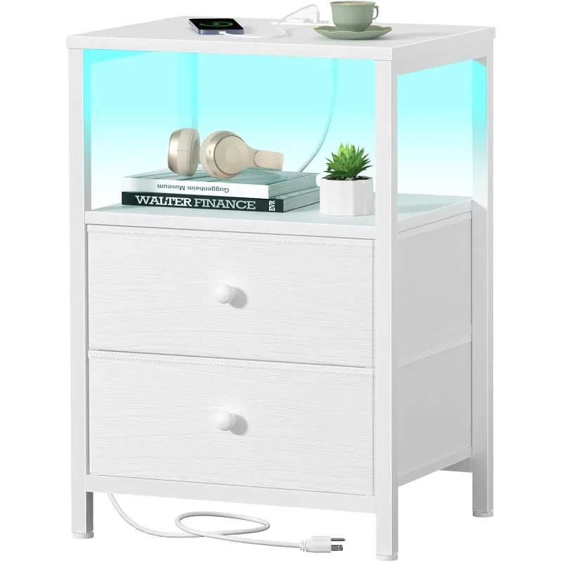 

White Nightstand with Charging Station, LED Night Stand with 2 Fabric Drawers, Bedside Table with USB Ports and Outlets