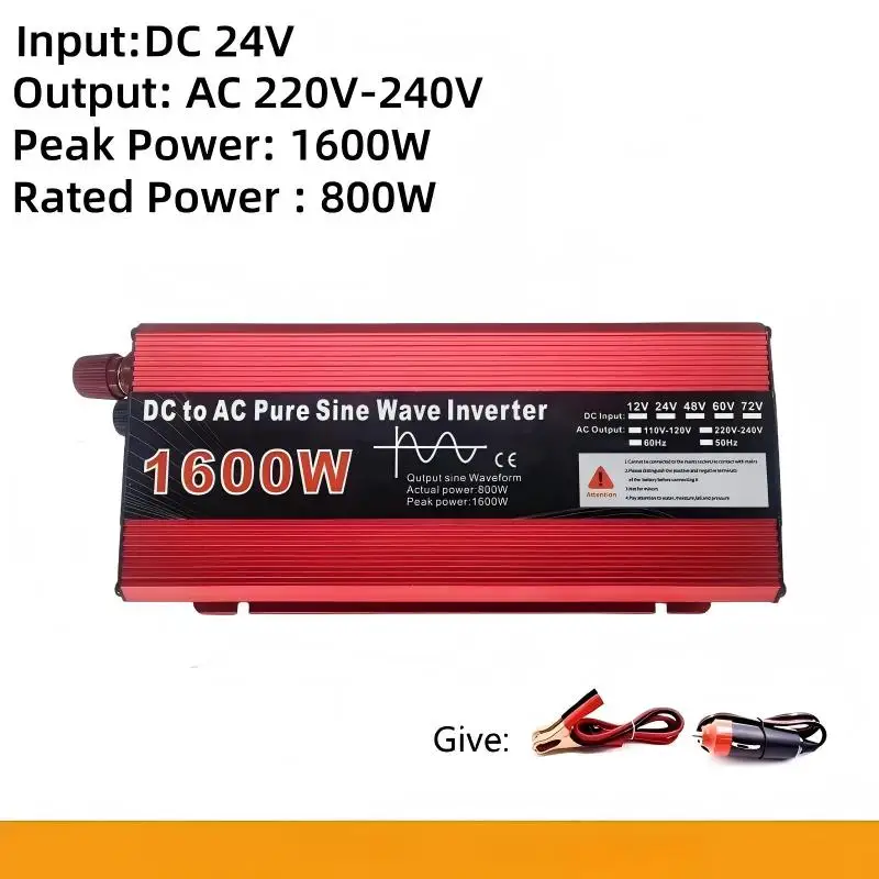 Car Power Inverter 1600W Pure Sine Wave DC 12V/24V To AC 220V Voltage Converter 50Hz Power Transformer Adapter Universal Socket