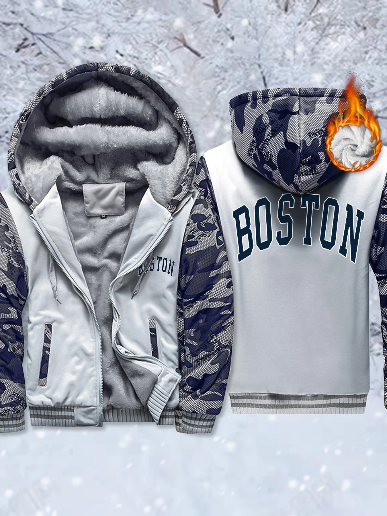 

Boston Letter Logo Print Winter Mans Zipper Jackets Outdoor Casual Jacket Soft Fleece Streetwear Thickened Fashion Hoodies