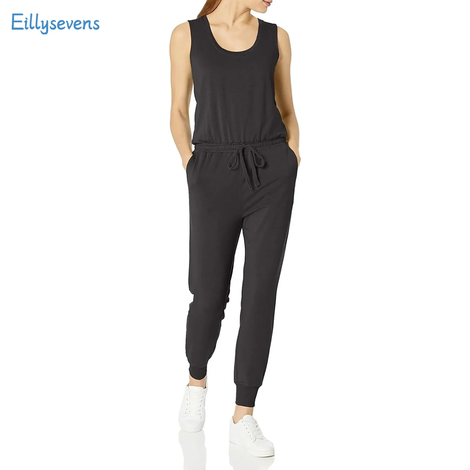 

Tank Jumpsuits Summer New Daily Casual Jumpsuits Solid Color All-Match Drawstring Waist Leisure Sports Skinny Jumpsuits