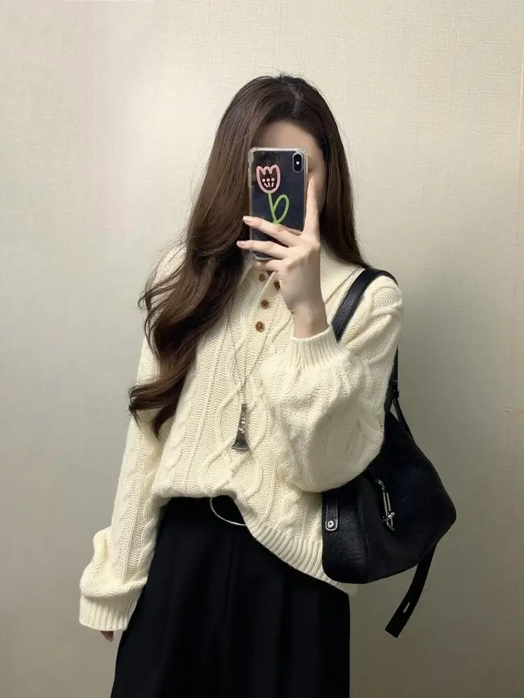 Maglione lavorato a maglia da donna Autunno Inverno Nuovo Sle Casual Versatile Colletto rovesciato Maglieria twist Confortevole Medio morbido