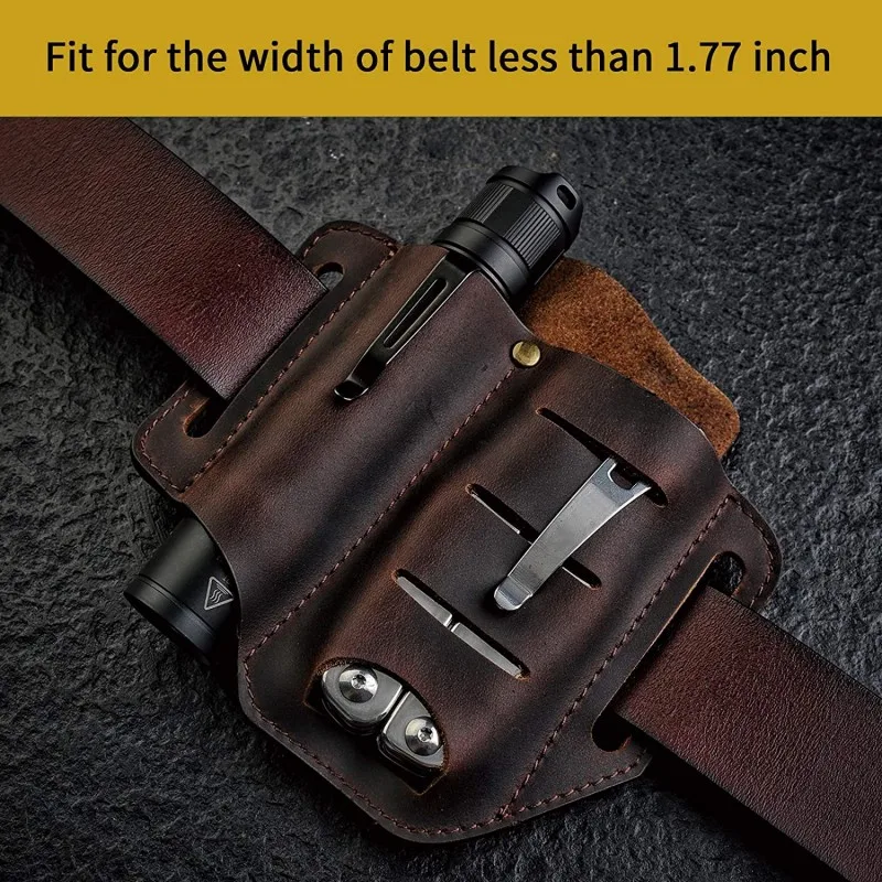 1 Pc EDC Organizer Leather Sheath for Blet Knife Tool Flashlight Tactical Pen and EDC Gears 2 Pockets Belt Cowhide Slip Sheath