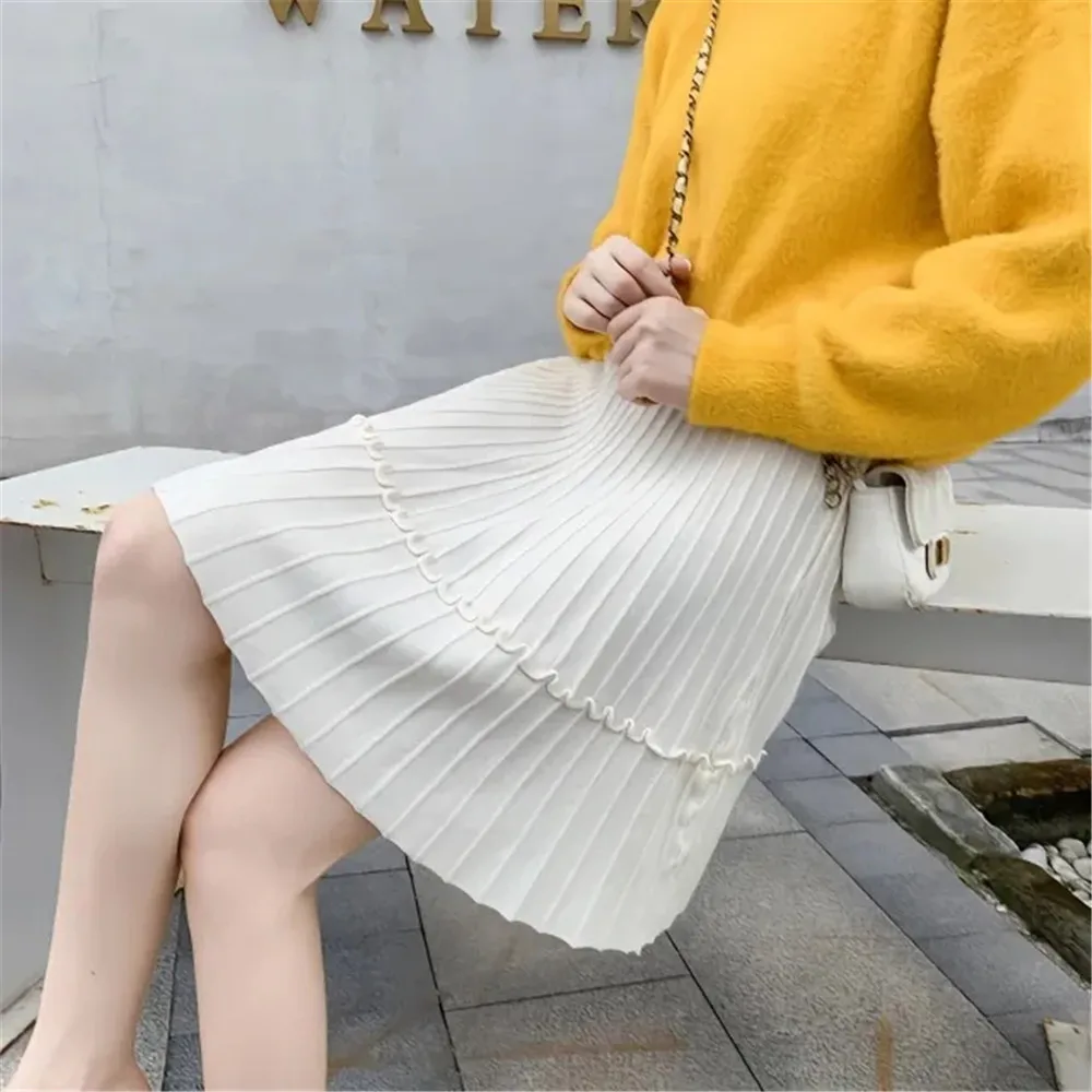 

Knitted Mini Skirts Kawaii Women Autumn Winter Korean Fashion 90s Elastic Waist Falda Sexy Harajuku Ruffle Pleated Cake Skirt