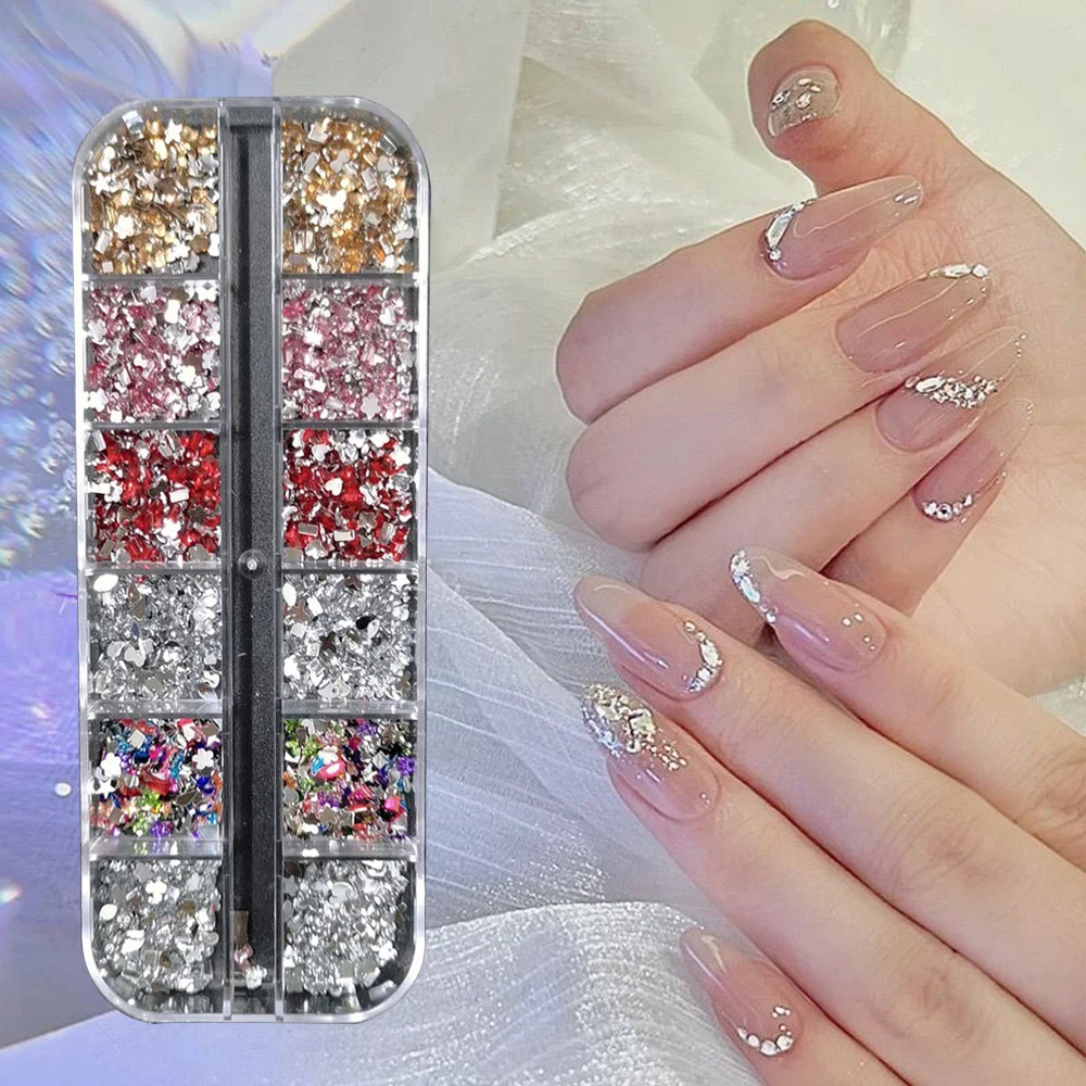 Mix 3D-Nagel-Strasssteine, 12 Gitter, Kristalldiamanten für Nagelkunst, Mini-Glitzer-Diamanten, dekoratives DIY-Nagelkunst-Zubehör