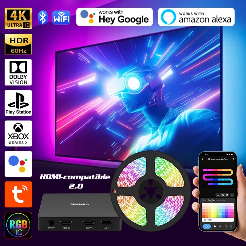 Smart Ambient TV LED Backlight,Strip Lights para 4K HDMI compatível 2.0 dispositivo, luz de sincronização de cores da tela, Alexa Google TVs Box