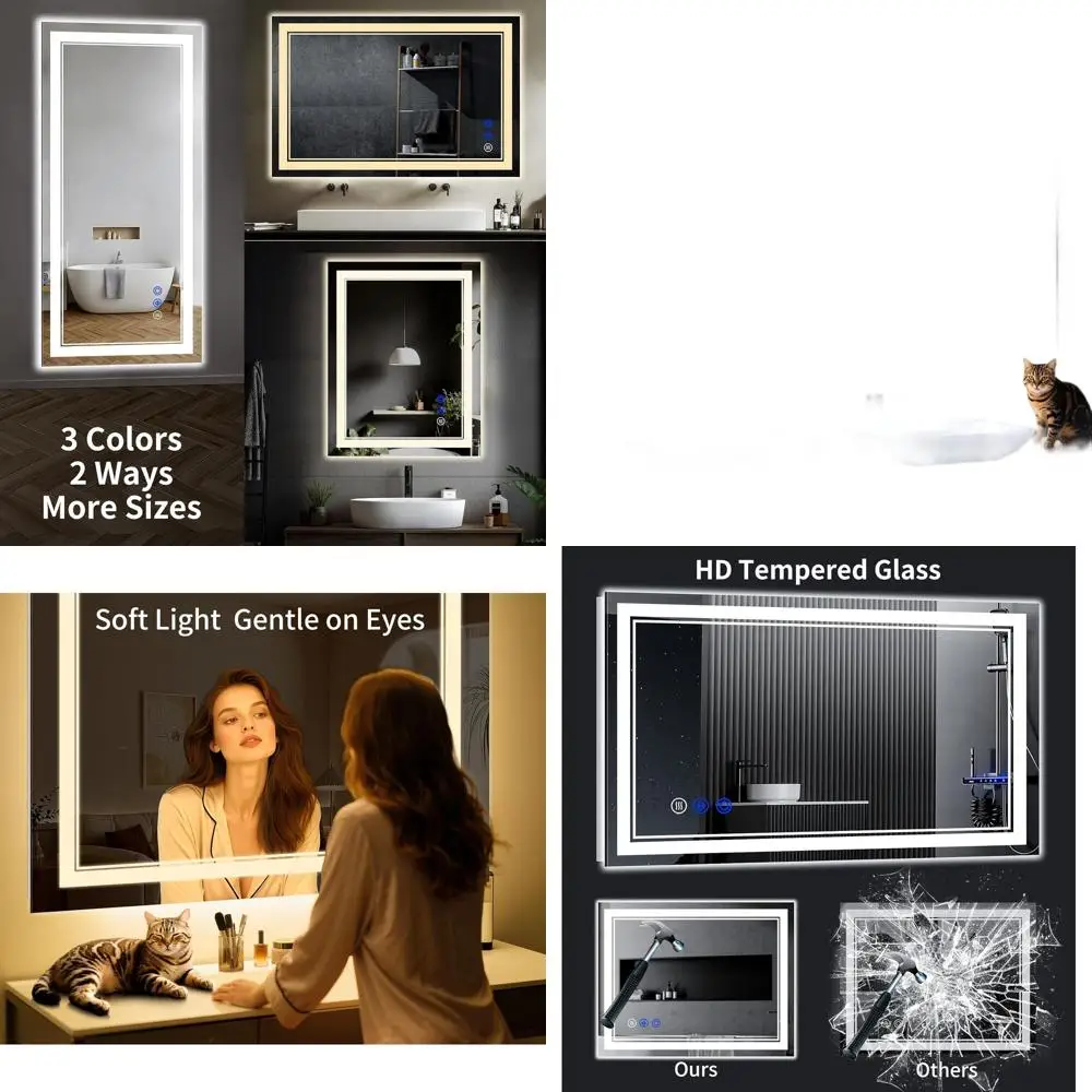 Miroir de salle de bain LED antibuée, 50x30, lumières à intensité variable en continu, 3 Modes de couleur, verre trempé incassable, fonction mémoire, Wat