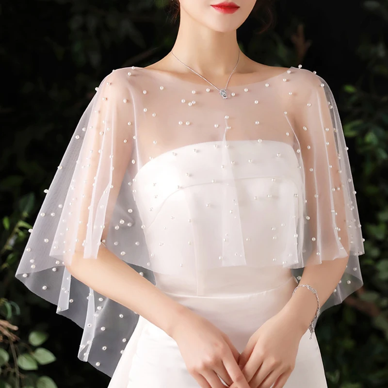 Women Soft Bridal Wrap Cover Up Rhinestone Sheer Tulle Pearls Beaded Wedding Shawl Elegant Wedding Women Party Dress White Cape