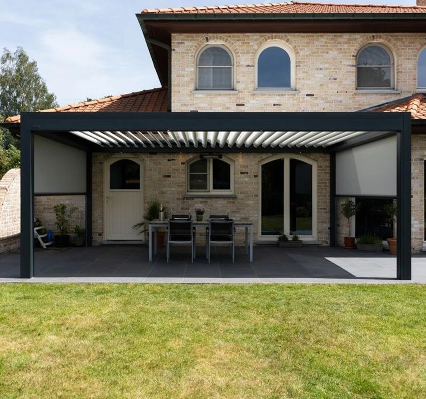 

Luxury Aluminum Pergolas Motorised Waterproof Outdoor Gazebo Sun Shade Arbours with LED Lights Louvered Roof Garden Pavilion