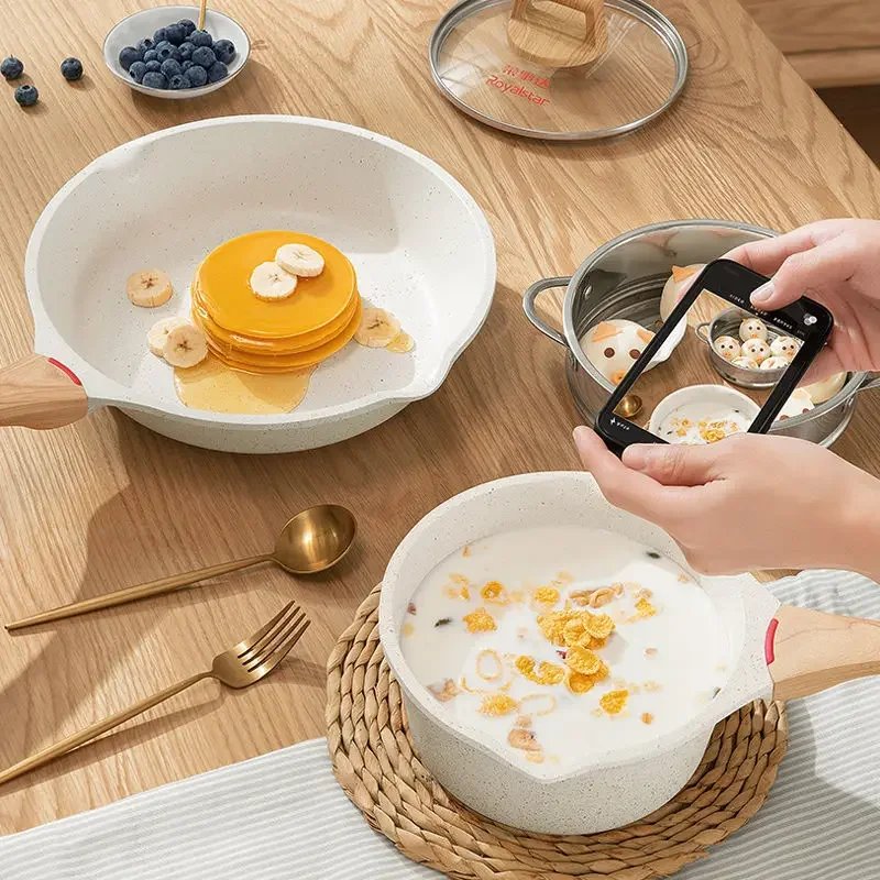 Non-Stick Frying Pan Maifan Stone Kitchen Soup Pot Milk Pan with Wooden Handle Pot Cookware Set Cooking Utensils for Kitchen