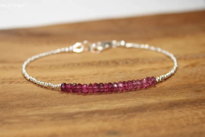 Pink Tourmaline Bracelet, Hill Tribe Silver Beads, Pink Tourmaline Jewelry, Layering, Minimalist, October Birthstone