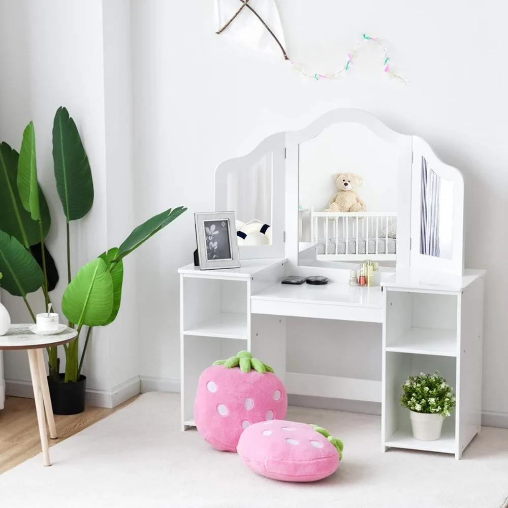 

Costzon Kids 2 в 1, туалетный столик принцессы для макияжа со съемной столешницей, тройным зеркалом и полками для хранения, фургон для ролевых игр