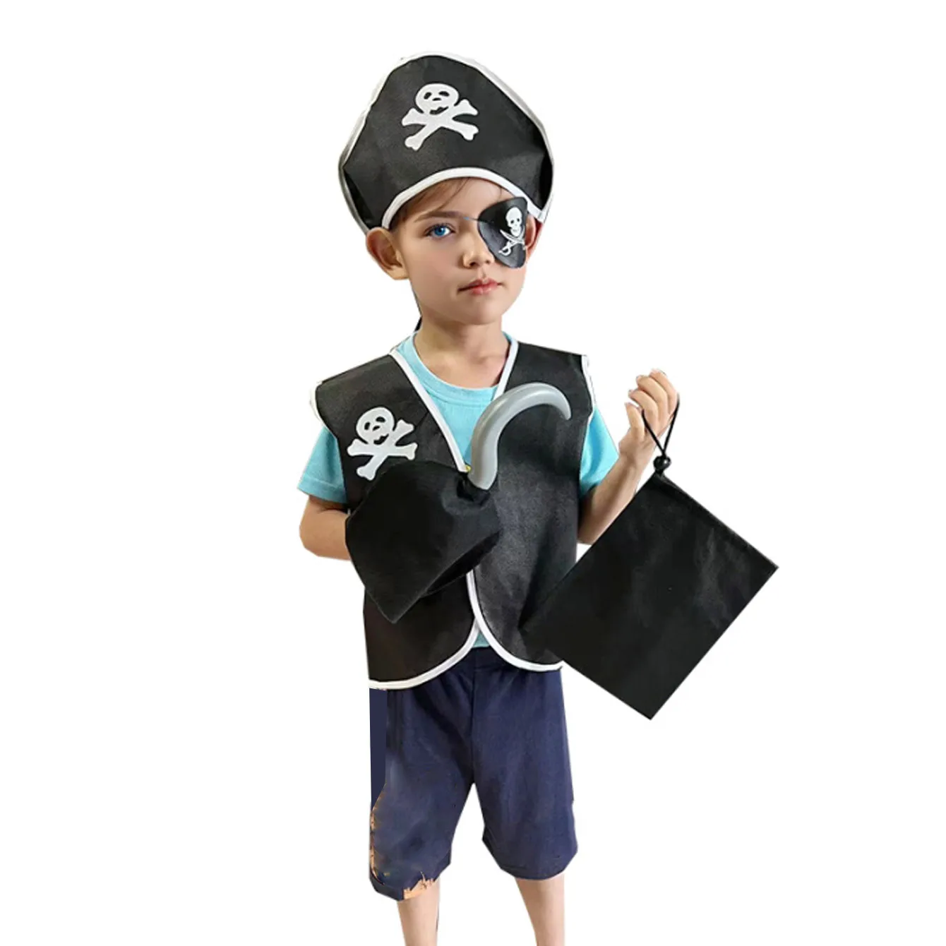

Carnival Boys Pirate Costume Cosplay Black Pirat Hat Vest Hook Eye Mask Performance Set