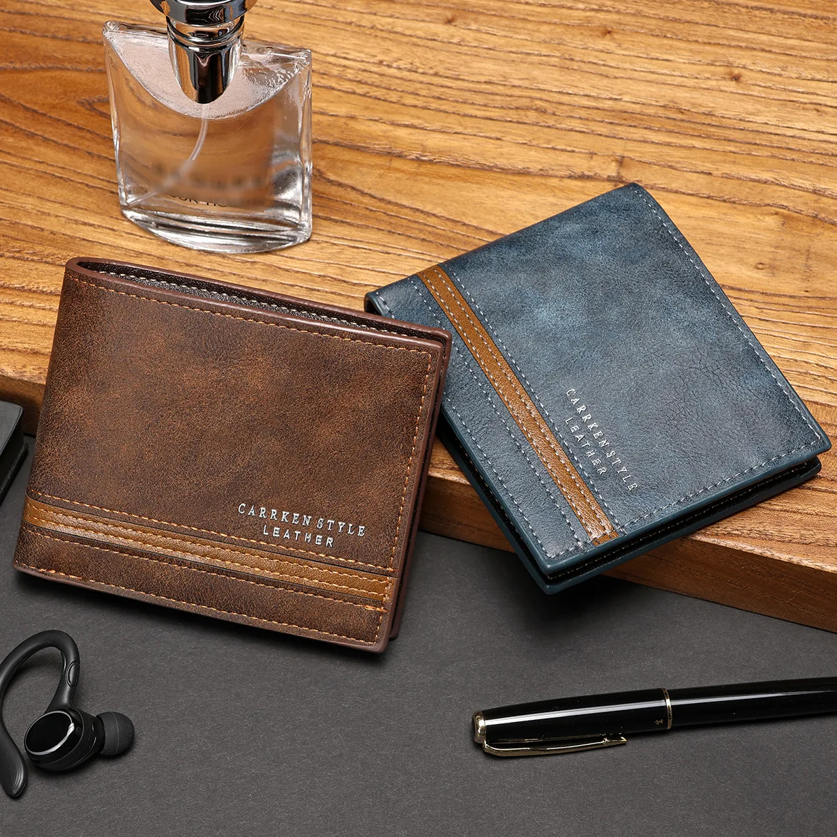 PU leather spliced contrasting color men's short wallet, three-fold multi-slot horizontal business lightweight wallet