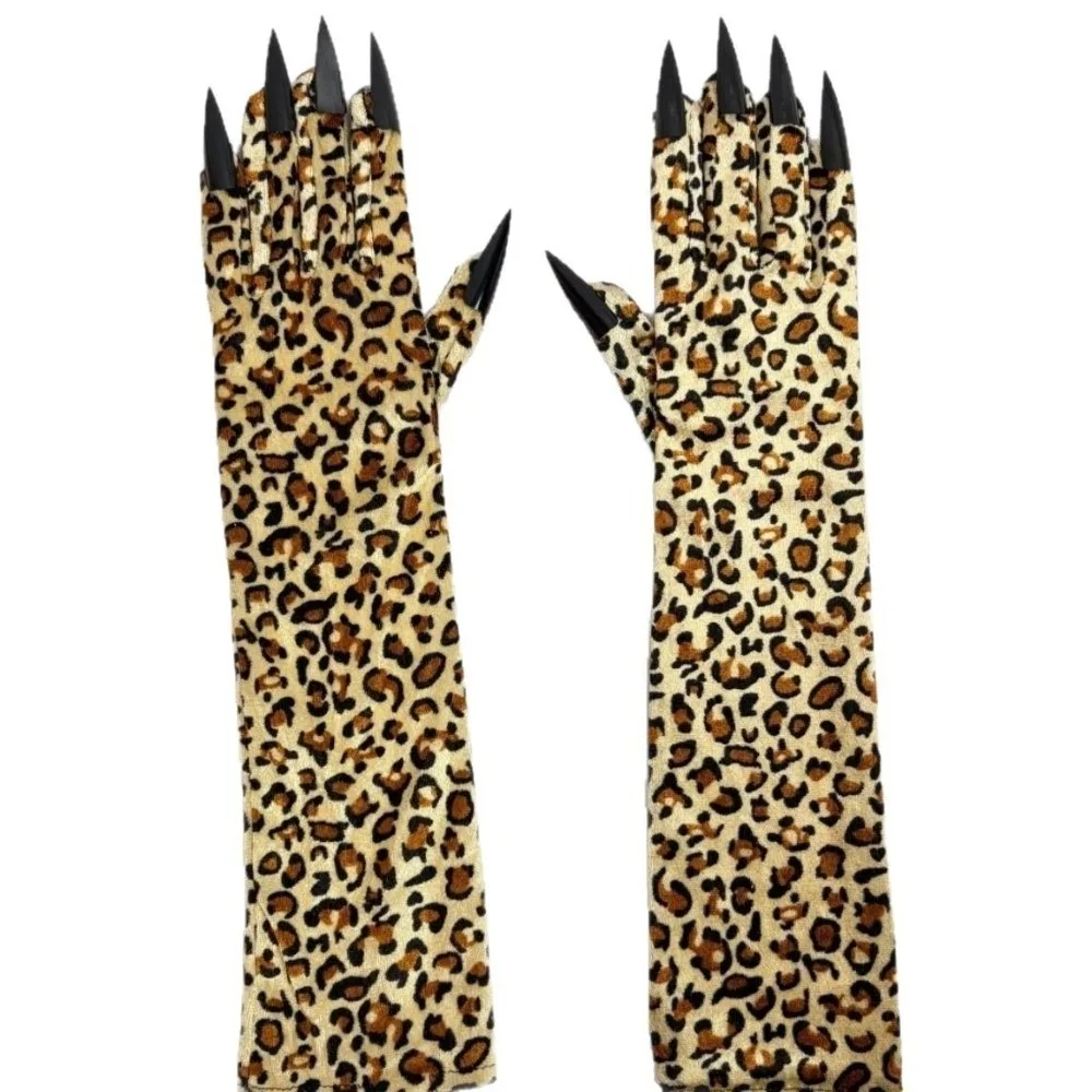 Stretchy Halloween Leopard Claw Gloves Long Sleeve Leopard Pattern Leopard Long Gloves Long Nail Long Nail Gloves