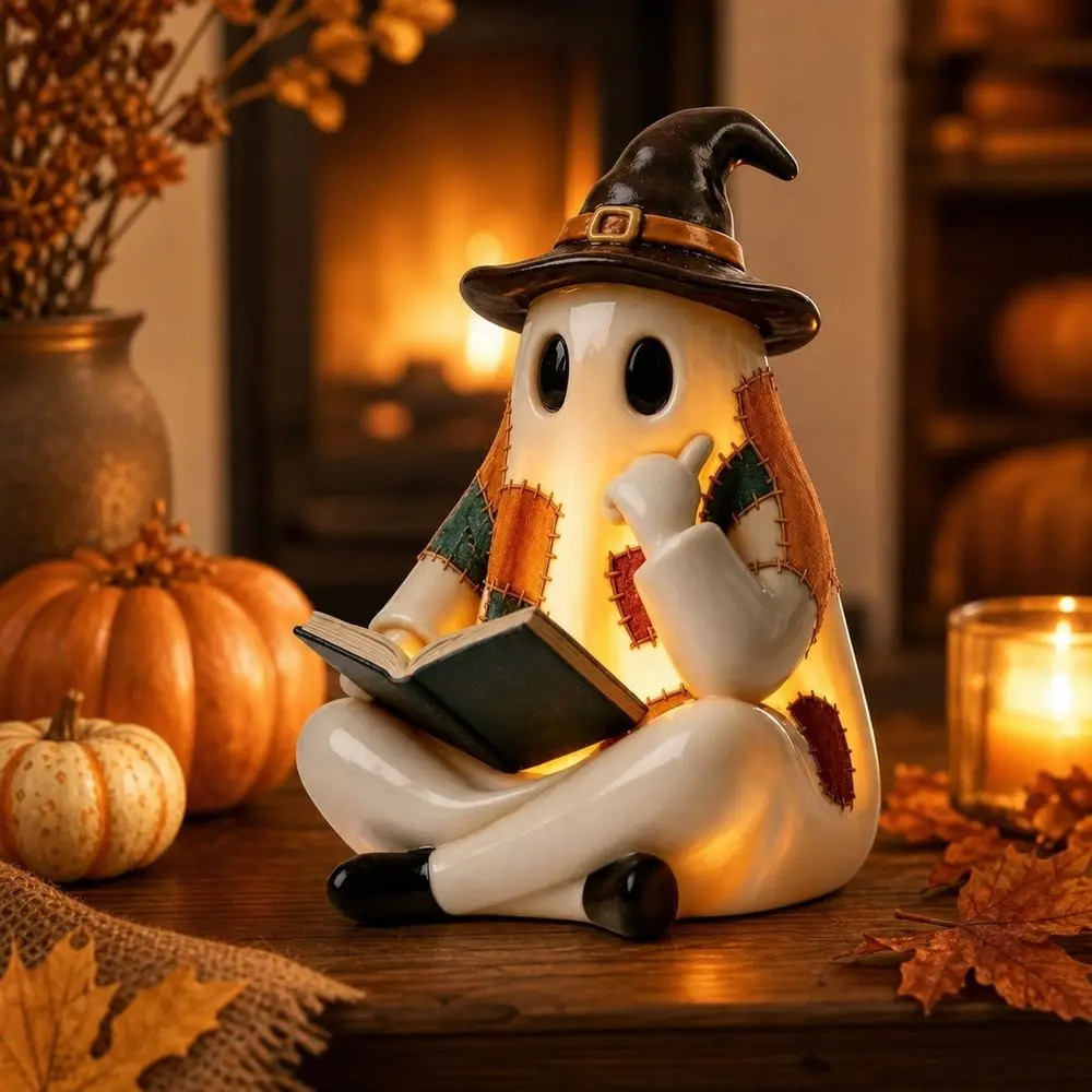 Resin Halloween Light Up Ghost Figurine Warm LED Light Battery Operated Ghost Table Ornament Patchwork Ghost Lamp