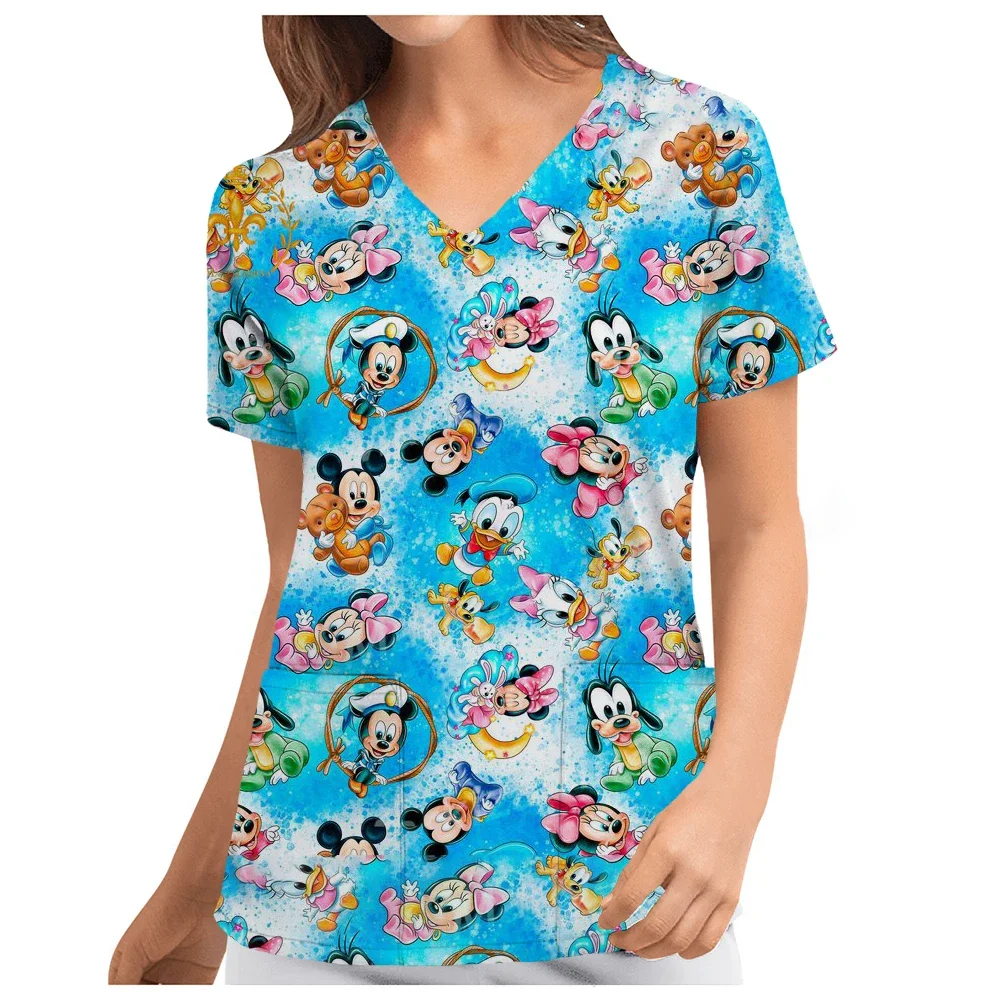 3D Disney Mickey Mouse Print Scrub Tops Women Short Sleeve V-neck Tops Nurse Uniform Cartoon Print Working Blouse Ladies uniform