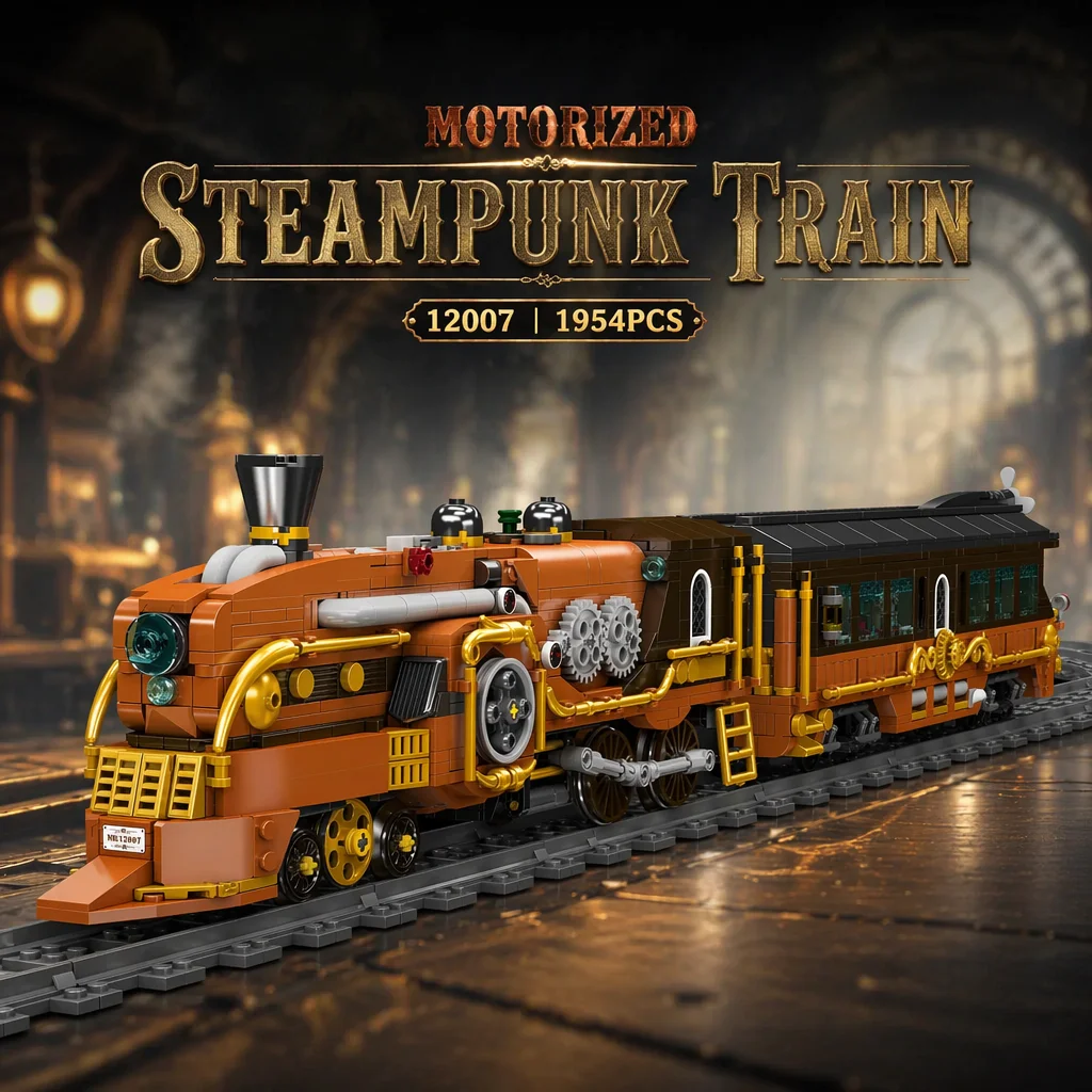 Klemmbausteine 12007 Motorisierter Steampunk-Zug Baukasten Technisches Zug-Bausatz-Modell Heimdekoration Kreatives Spielzeug Geschenke für Erwachsene 1954 Teile