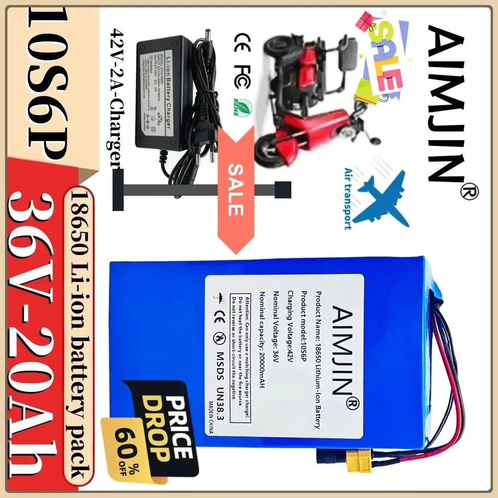 

36V 20000mAh High-capacity Rechargeable 18650 10S6P Lithium-ion Battery Pack Built in BMS Suitable for Electric Scooter Battery