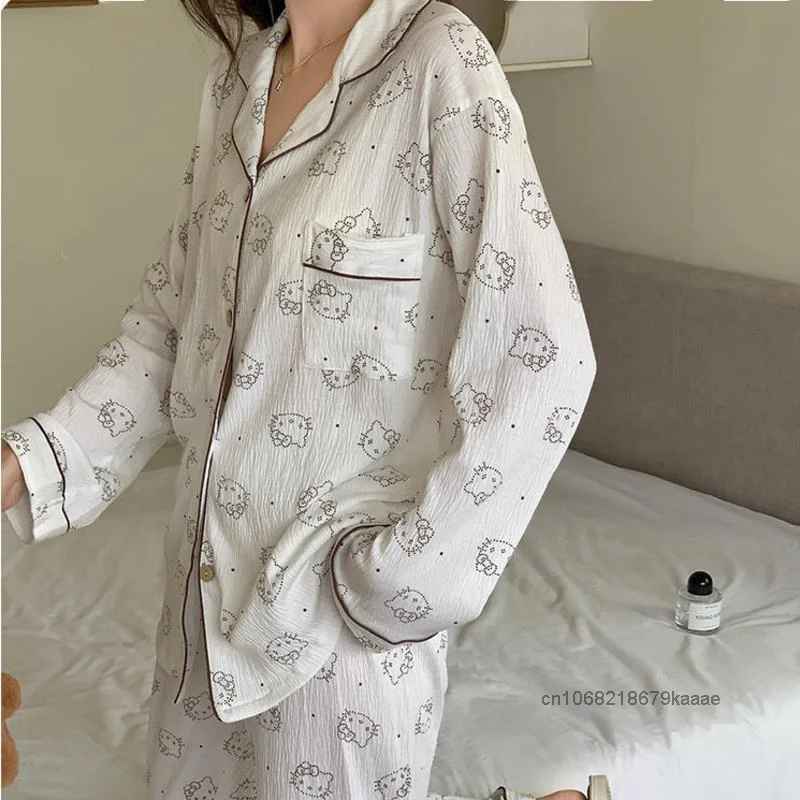 Sanrio Hello Kitty Women\'s Spring Autumn New Sleepwear Japanese Style Fashion Long Sleeve Pajamas Simple Design Home Clothes Set