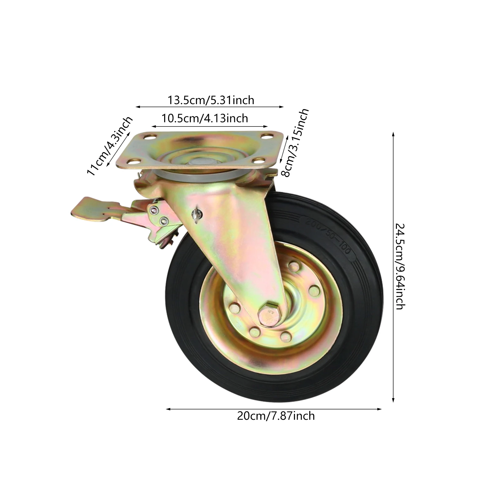 Black Galvanized Steel Heavy Universal Wheel 200mm Rubber Wheel with Brake 8-inch Caster 4 Pack