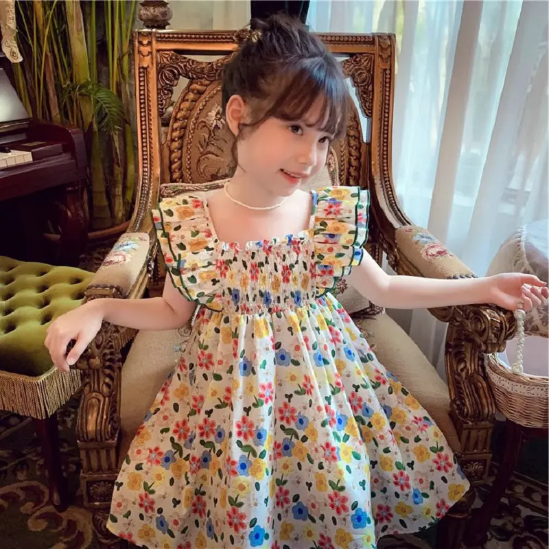 Girls' Floral Print Flutter Sleeve Dress Princess Dress2025Summer New Foreign Trade Children's Wear Delivery3-8Years Old