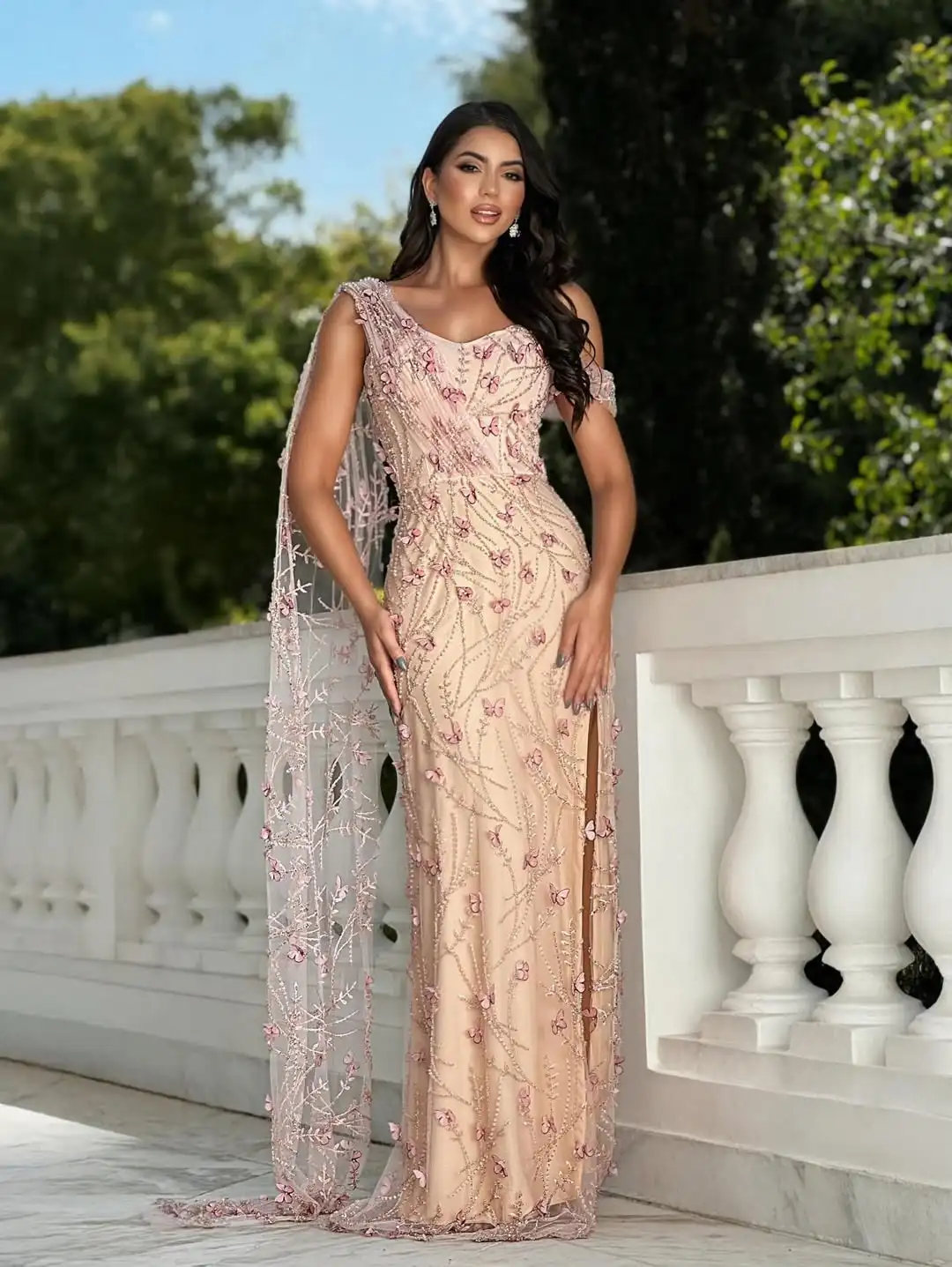 Ofherown Luxury Bead Bow Appliques Evening Dresses with Shawl Sleeves High Slit Mermaid Tulle Prom Gowns Party Dress Customized