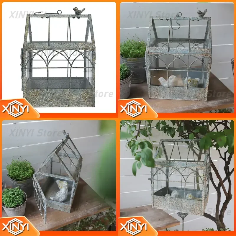 for Old Wrought Iron Glass Flower House Floor-to-Ceiling Sun Greenhouse Small House Retro Micro Landscape Flower Pot Creative