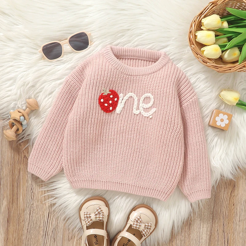 Infant Baby Girls Sweaters Clothes Cute Strawberry Knitted Newborn Pink Crew Neck Long Sleeve Knitwear Pullovers Toddler Jumpers