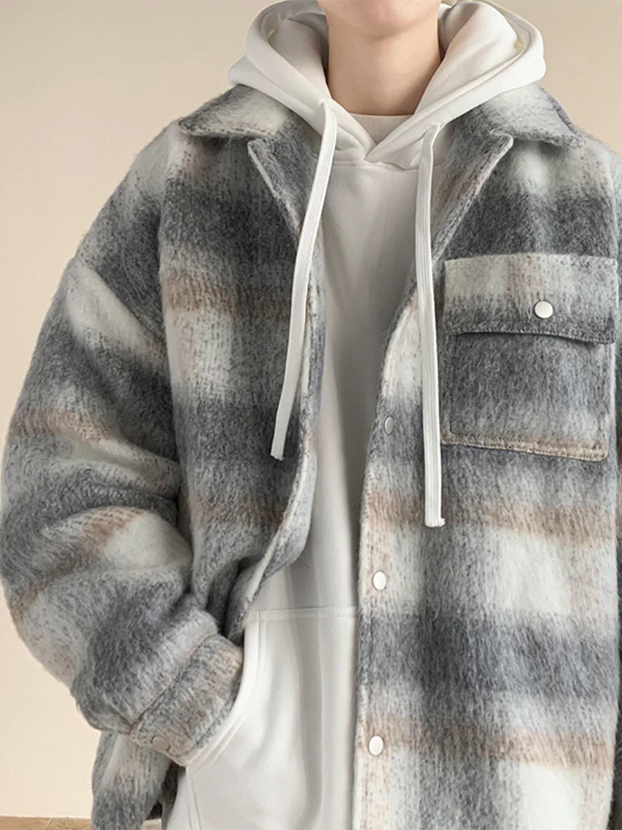 

Thiened Autumn Winter Plaid Woolen Coat Men's Faion Korean Sle Cotton Jaet Turn-down Collar Hipster Haome Men's Wear
