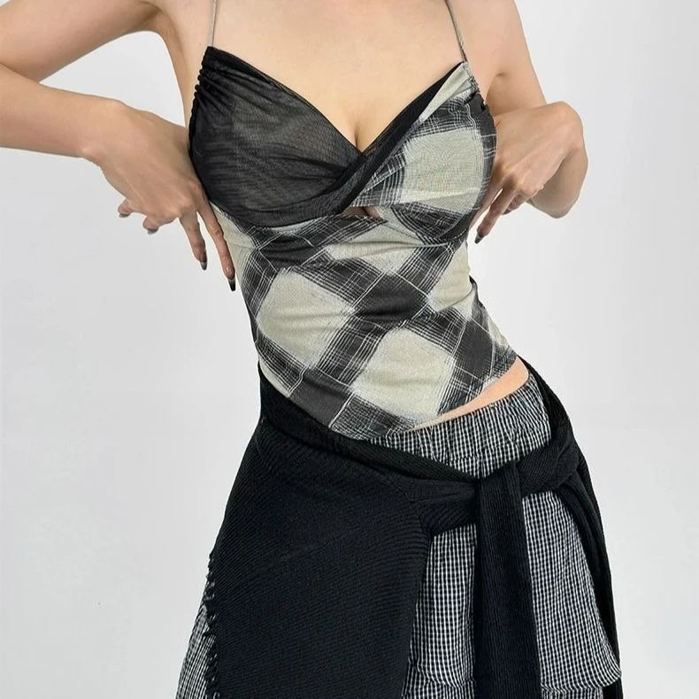 

New Mesh Plaid Contrasting Color Sling Vest, Slim One-piece Top with Chest Pad.