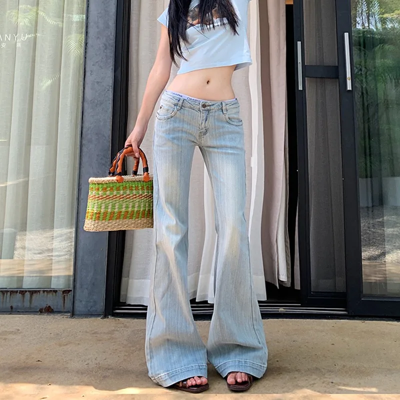 OIQERE Autumn Womens Light Blue Retro Bamboo Fabric Micro Flare Jeans Low Waist Slim Fit Trendy Casual Bell Bottom Long Pants
