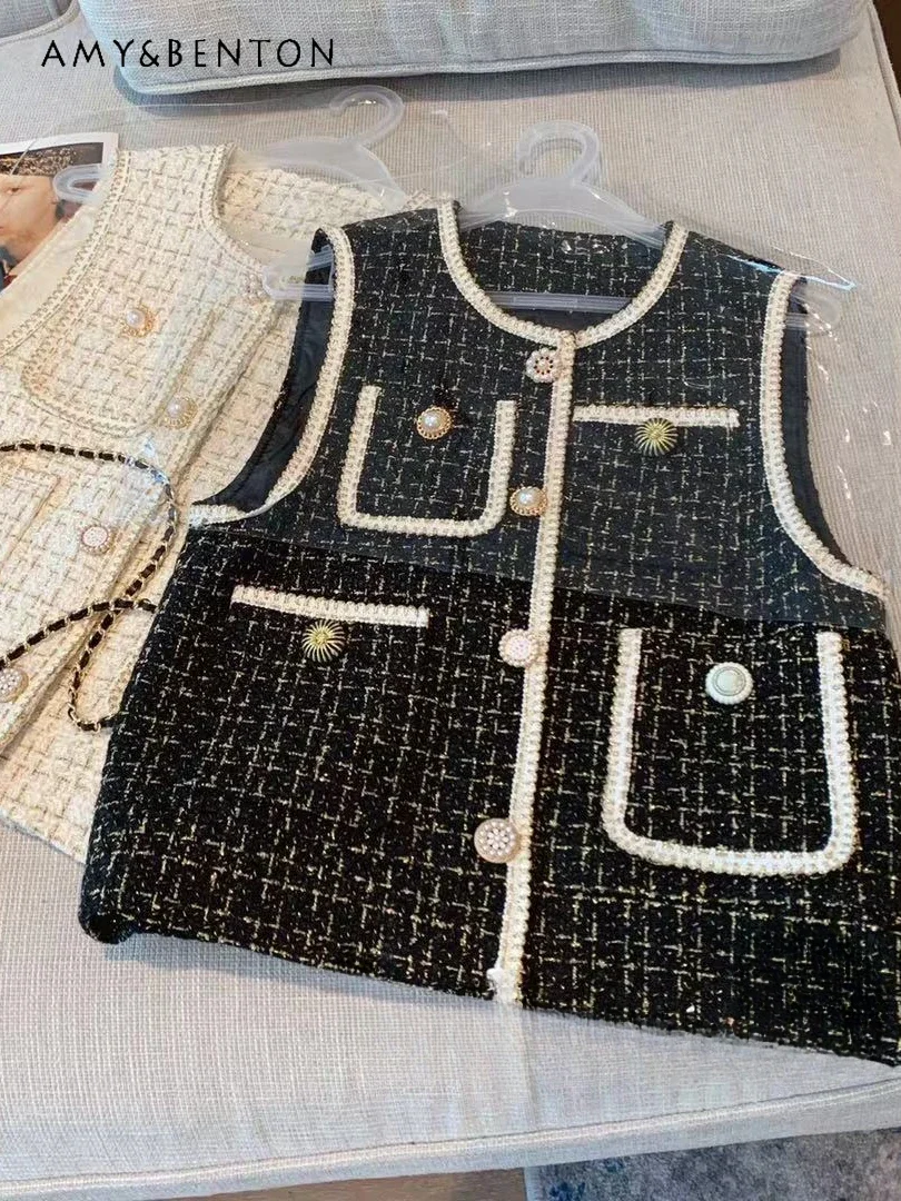 

High-Grade Tweed Women Vest Autumn New OL Fashion Elegant Graceful Versatile Round Neck Single-Breasted Patchwork Short Vests