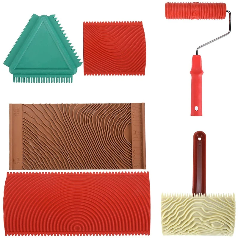 

6Pcs Rubber Wood Graining Painting Tool Set For Wall Decoration, 7 Inch Empaistic Wood Pattern Painting Roller Kit