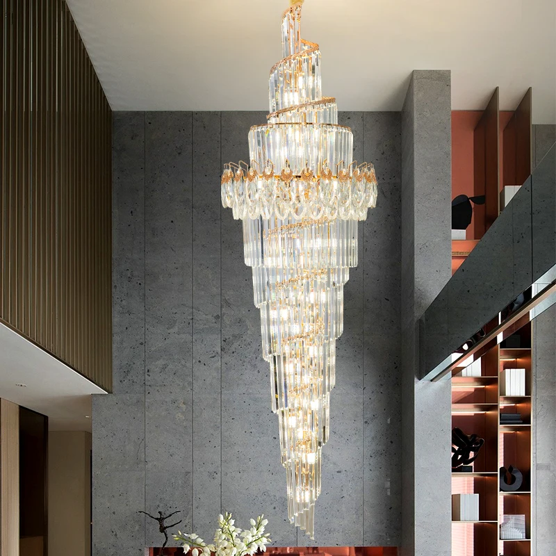 

Duplex Chandelier Rotating Staircase Long Chandelier Light Luxury Modern Villa Hollow High Living Room Loft Crystal Lighting