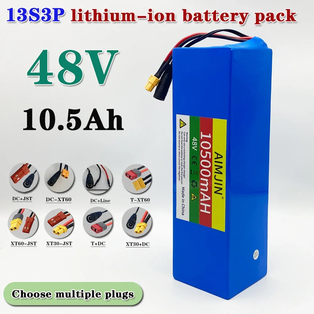 48V E-Bike 10.5Ah 18650 Rechargeable Lithium 13S3P Battery Pack for Electric Scooter Bicycle 1000W BMS + 54.6V Charger