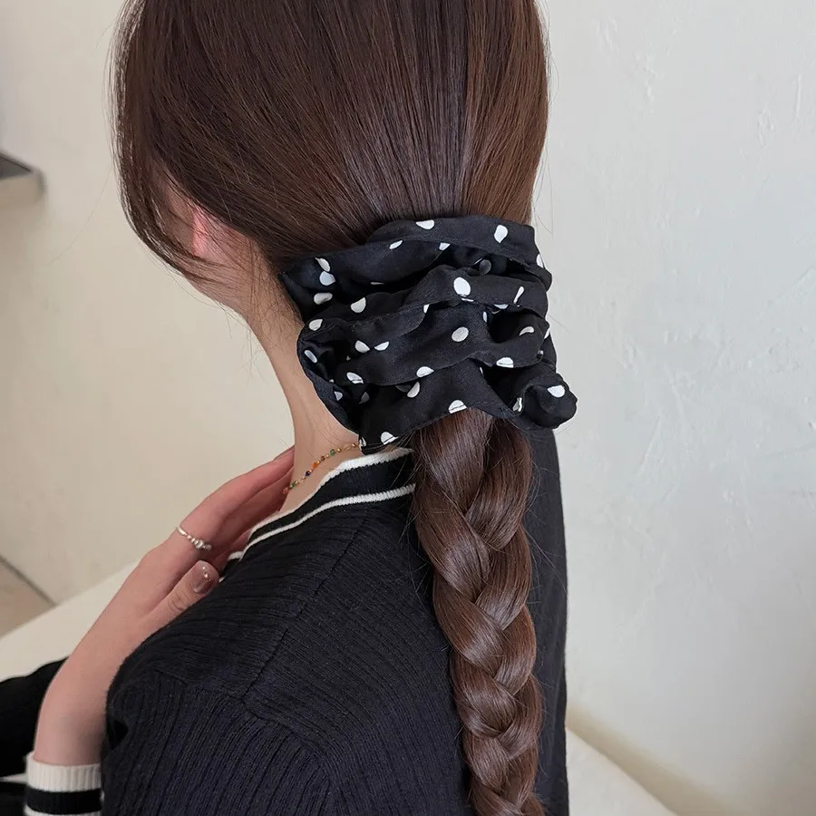 French Retro Polka Dot Satin Scrunchie Lazy Style Soft Elastic Hair Tie For Bun Premium Fabric Hair Accessory