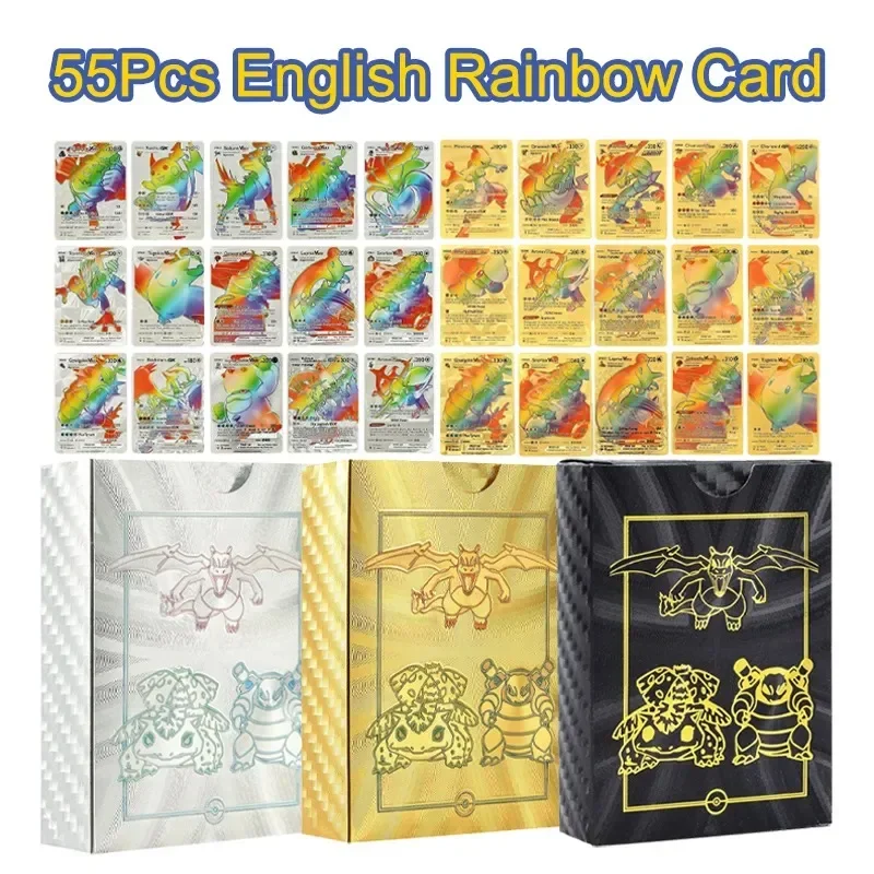 55pcs Pokemon Rainbow Gold Silver Black English Cards Anime Pikachu Charizard Eevee Battle Game Collection Cards Kids Toys Gifts