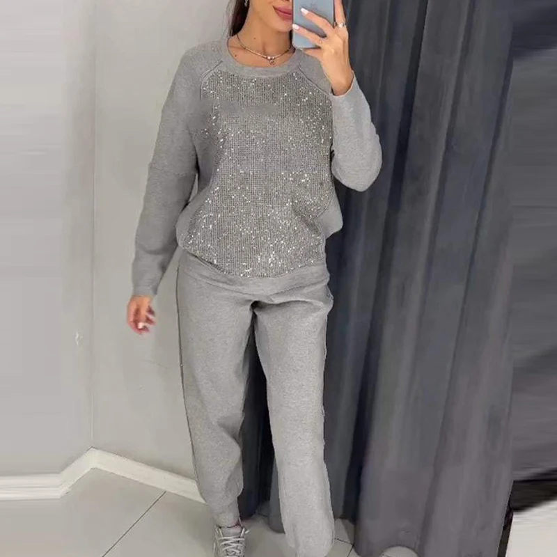 Casual Patchwork Sequin 2 Piece Set Casual Women O-neck Long Sleeve Top and Drawstring Pants Suits Fashion Loose Office Outfits